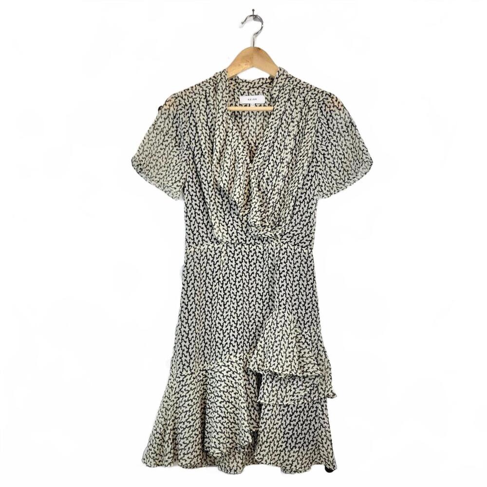 Reiss Paris Black & Cream Abstract Ruffle Wrap Dress